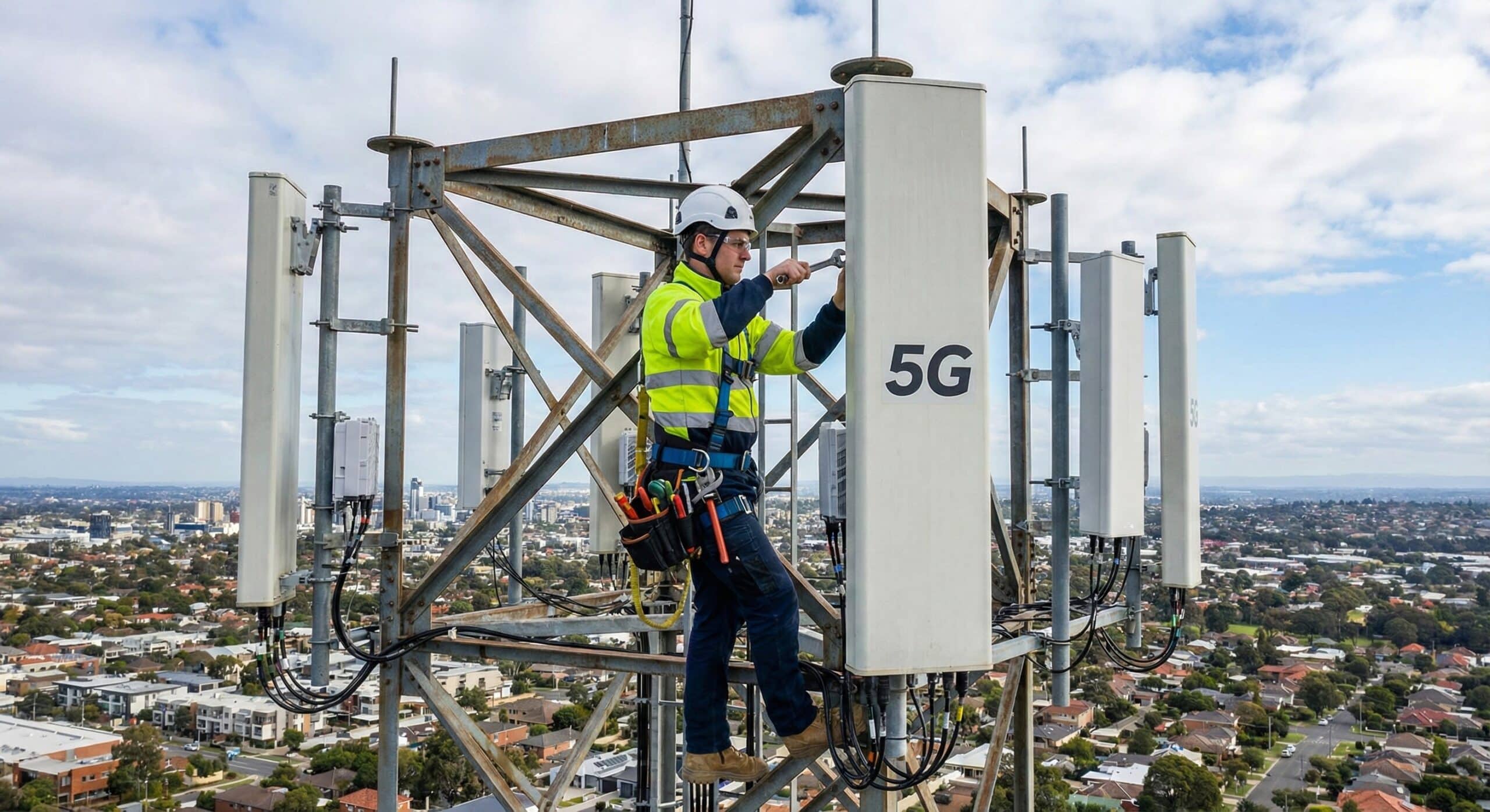 Technician working on 5G telecommunications infrastructure